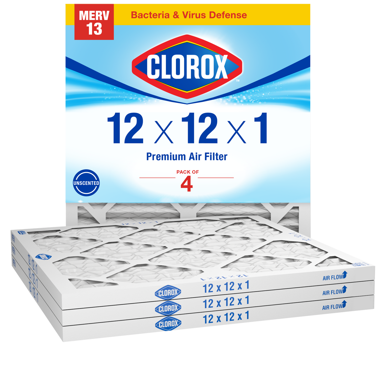 Clorox 12x12x1 Air Filter, Premium Pleated Furnace Filters