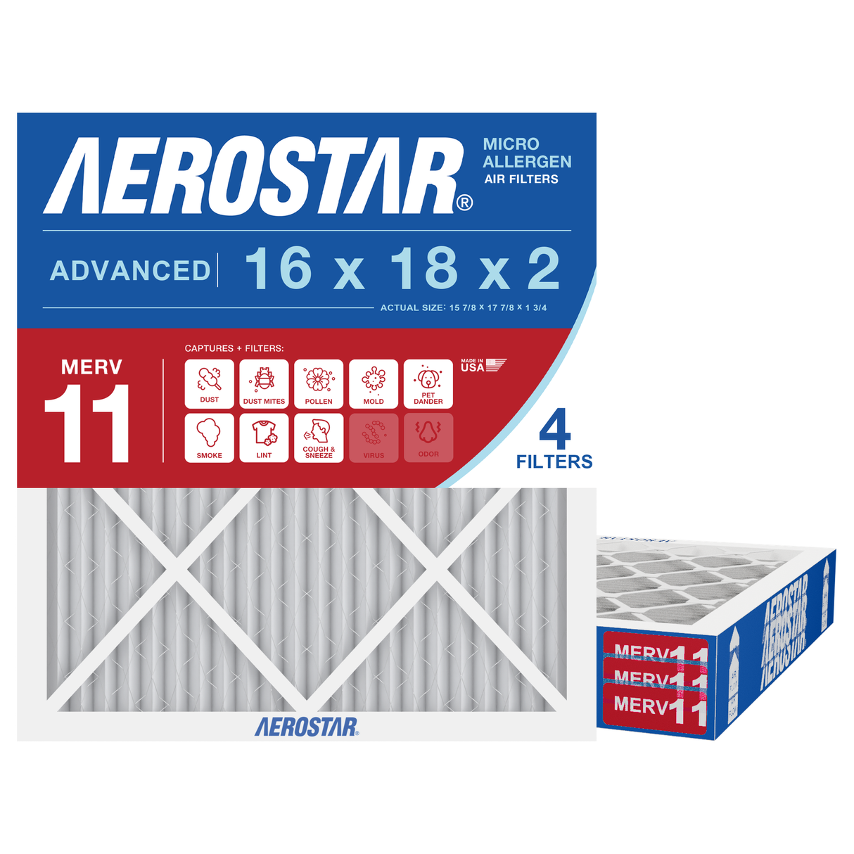 Aerostar 16x18x2 MERV 11 4 Pack