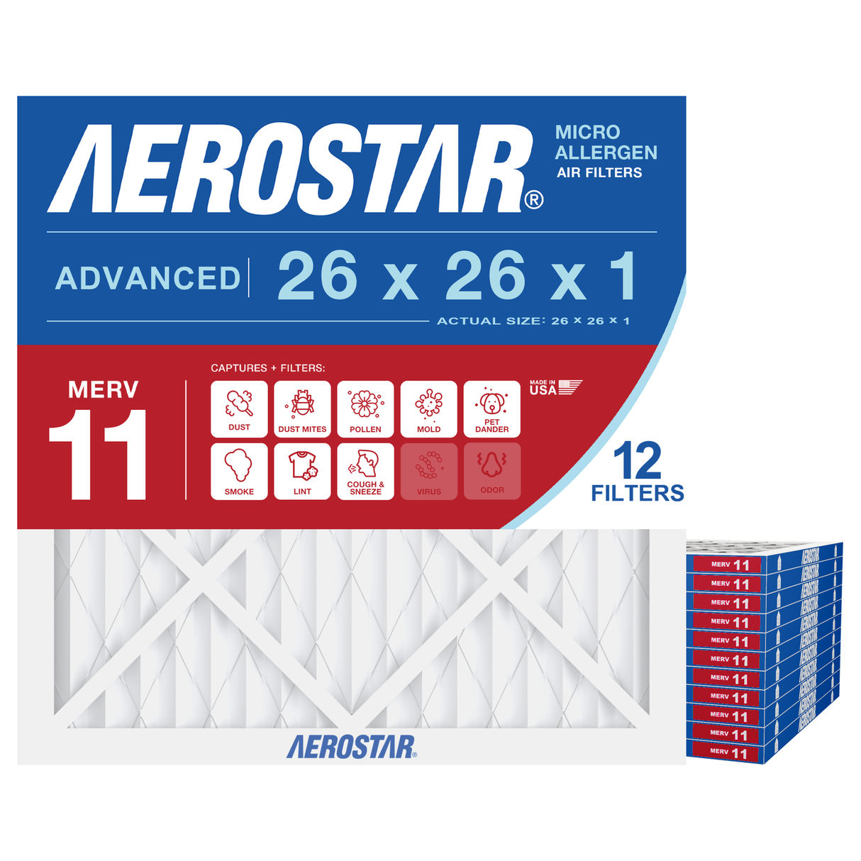Aerostar 26x26x1 MERV 11 12 Pack