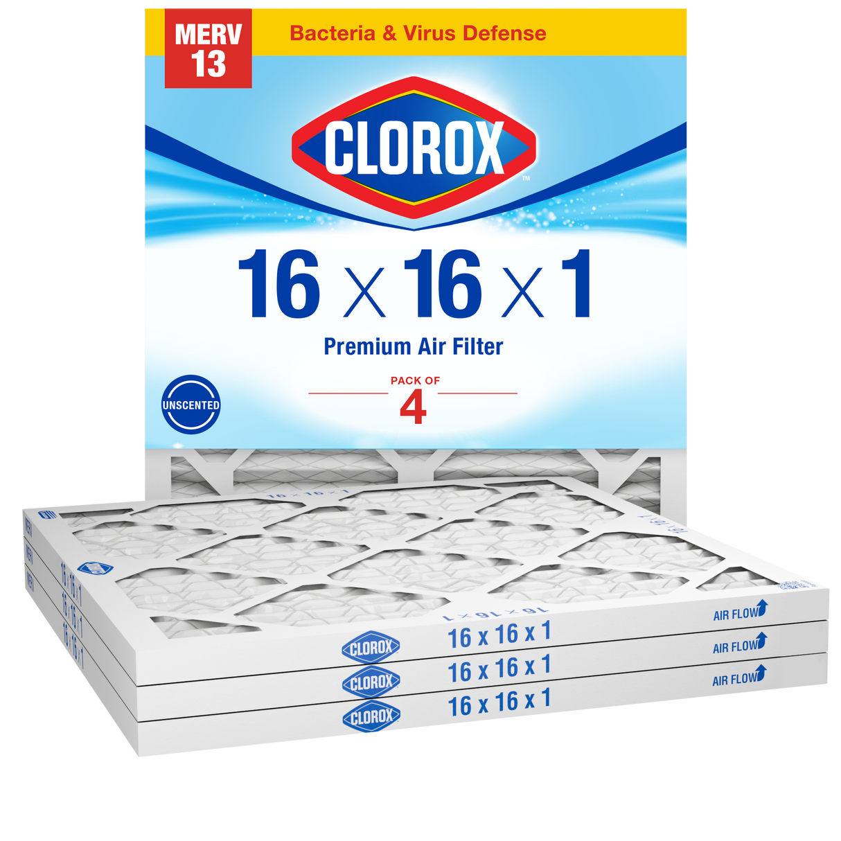 Clorox 16x16x1 Air Filter, Premium Pleated Furnace Filters
